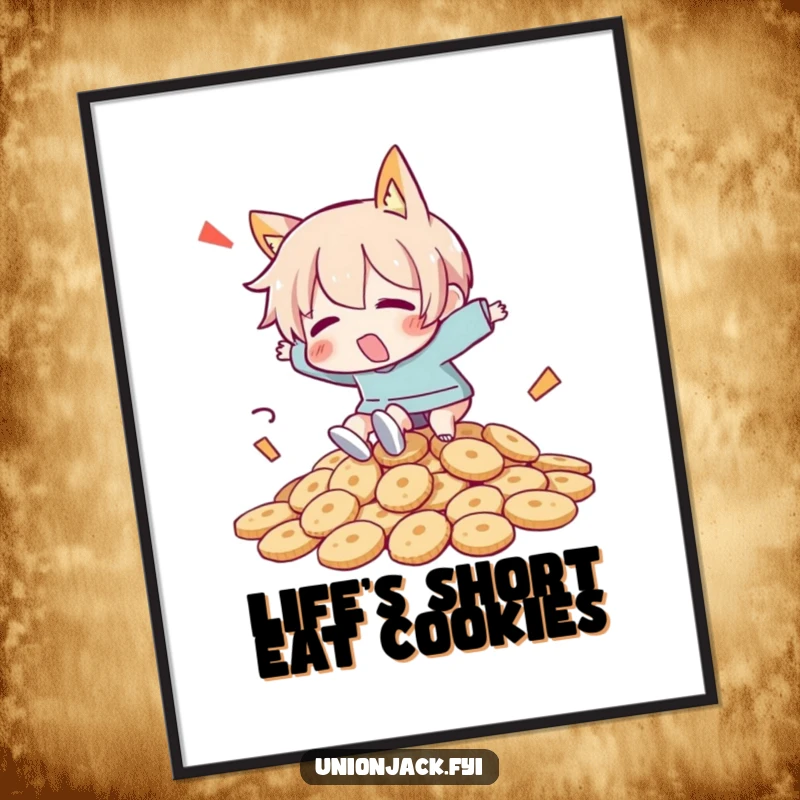 Funny Free Printable Wall Art depicting a character comically falling over a large pile of biscuits, a hilarious addition to any room.