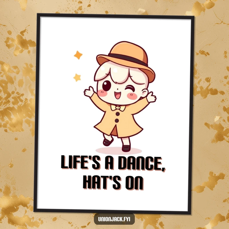 Funny Free Printable Wall Art featuring a character in a bowler hat performing a whimsical, silly dance. Quirky downloadable decor.