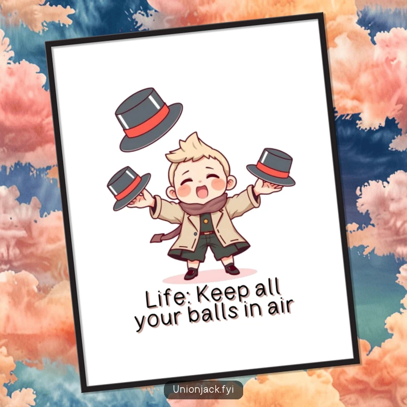 Funny free printable wall art depicting a character skillfully juggling three tiny bowler hats, adding playful charm to decor.