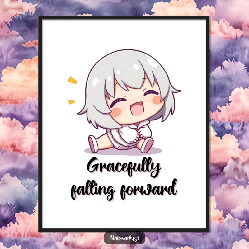 Funny Free Printable Wall Art: Character comically tripping but recovering with a grin, bringing instant humor and cheer, a downloadable piece.