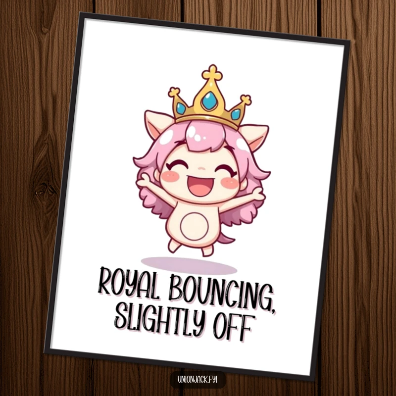 Free Printable Wall Art: Character excitedly bounces with a regal crown askew, a vibrant and joyful piece of art.