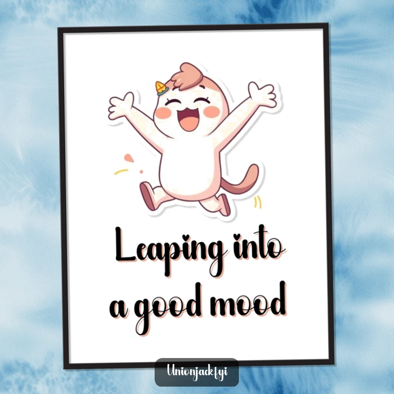 Funny free printable wall art depicting a cartoon character in mid-air, leaping playfully with arms spread wide in excitement.