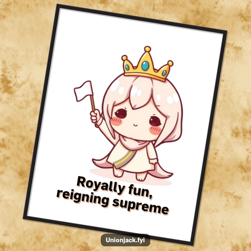 Funny Free Printable Wall Art: A character in a tiny crown waving a small flag. Whimsical, celebratory downloadable art.