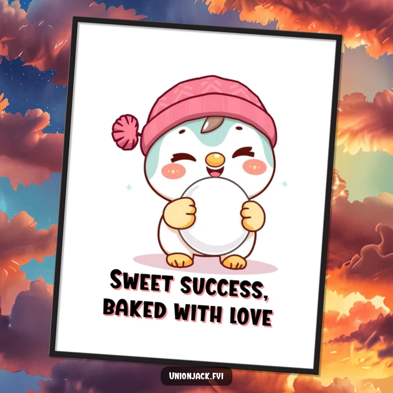 Funny Free Printable Wall Art: Delighted character winks mischievously while holding a scone, a charming and humorous piece.