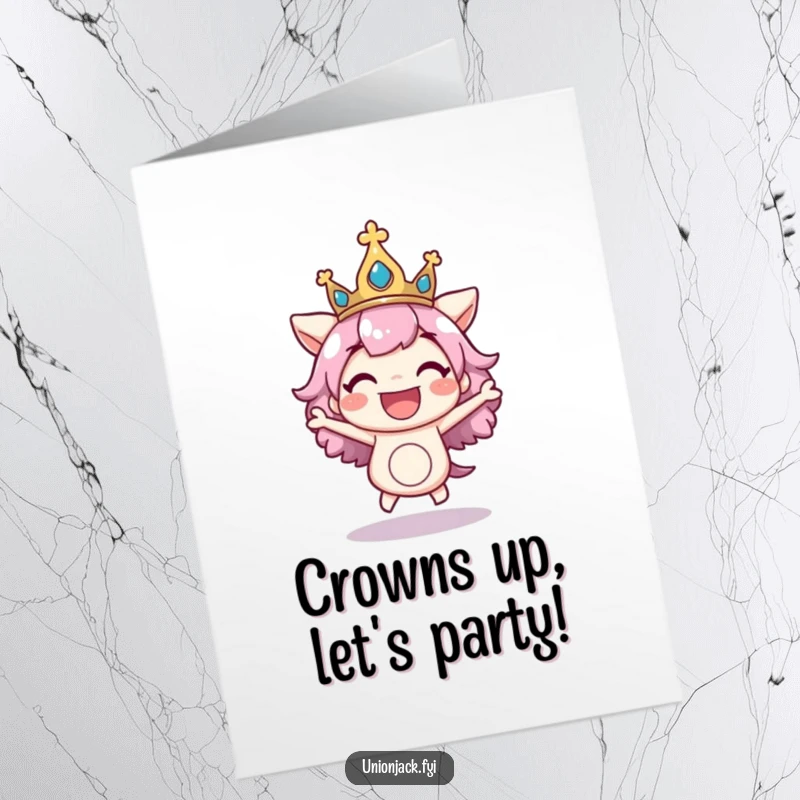 Free Printable Birthday Card: Character excitedly bounces with a regal crown askew, radiating pure birthday joy and fun.