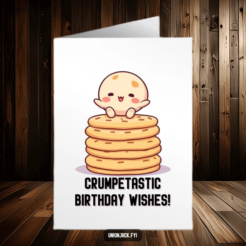 Funny Free Printable Birthday Card featuring a character hilariously balancing on a tall stack of crumpets.