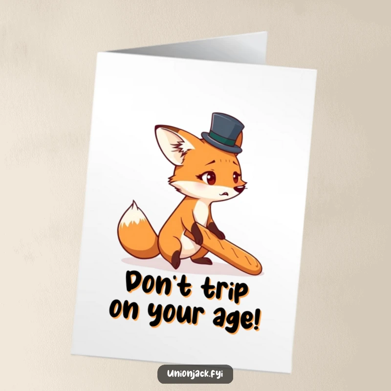 Funny Free Printable Birthday Card: Startled Fox in Top Hat Comically Tripping Over a Baguette