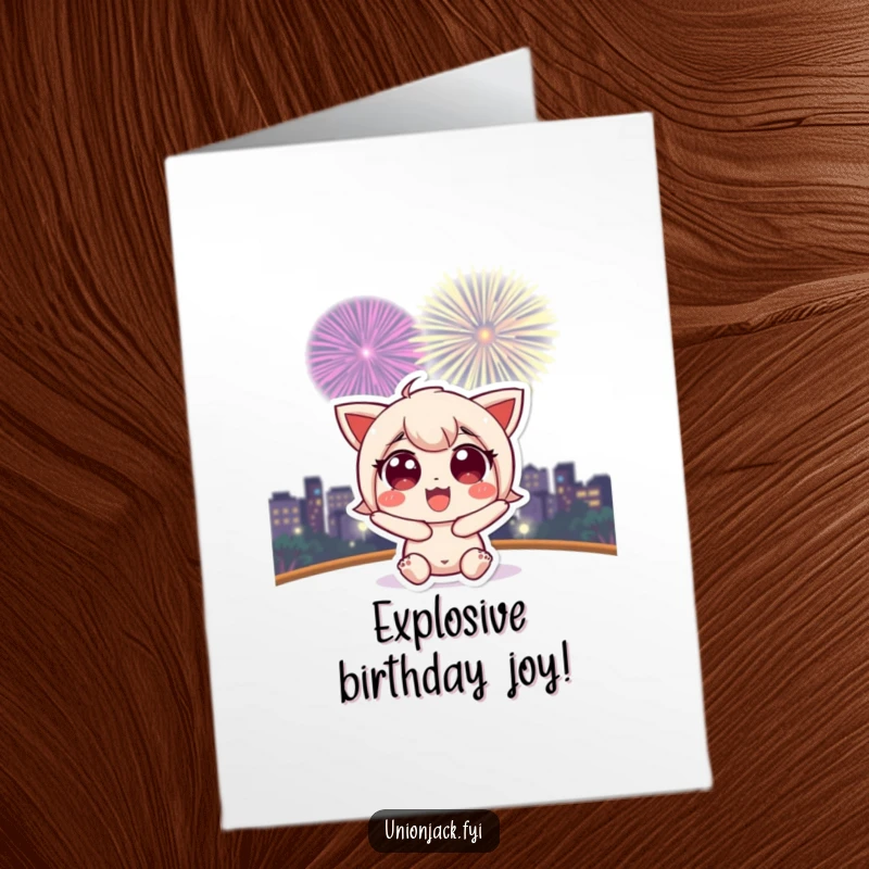 Funny Free Printable Birthday Card: A cute character gazes in awe at a vibrant fireworks display.