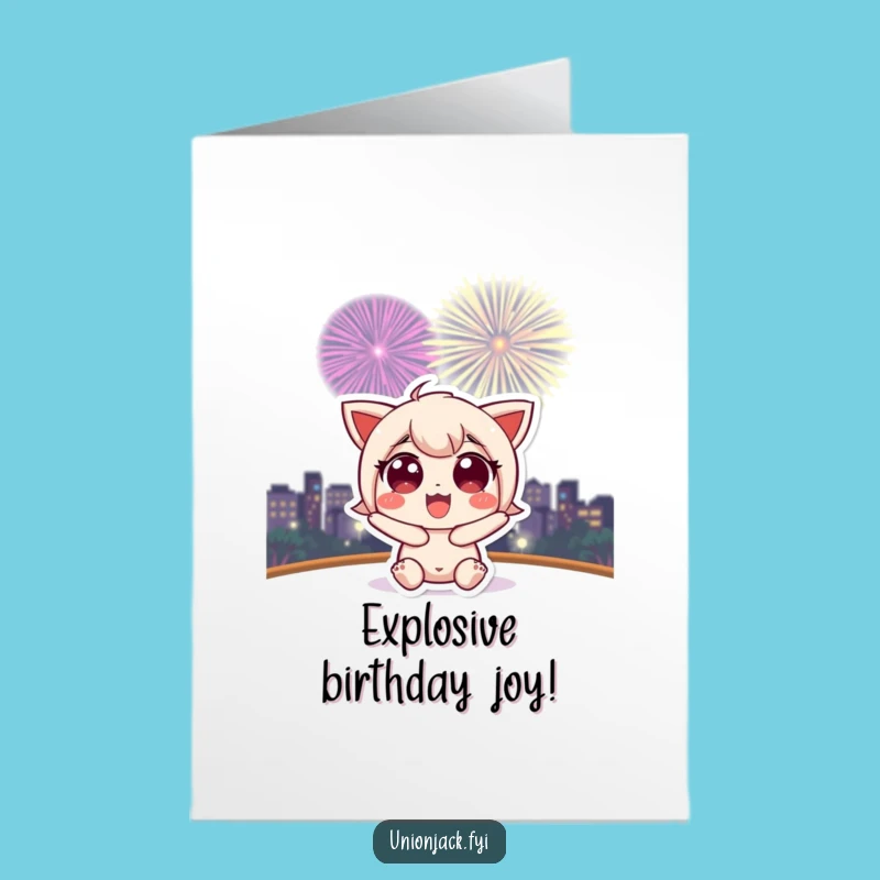Free Printable Birthday Card: Excited Character, Fireworks - Dazzling Downloadable Gift for Celebration