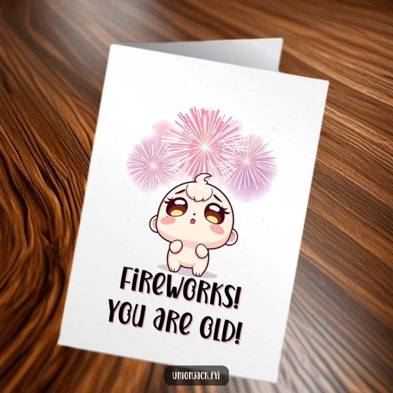 Funny Free Printable Birthday Card: Wide-eyed character marveling at a spectacular firework display, ready to celebrate.