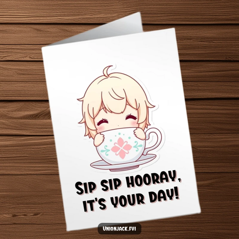 Funny Free Printable Birthday Card: Character holding a tea cup, looking content and cozy, conveying warm birthday wishes, downloadable.