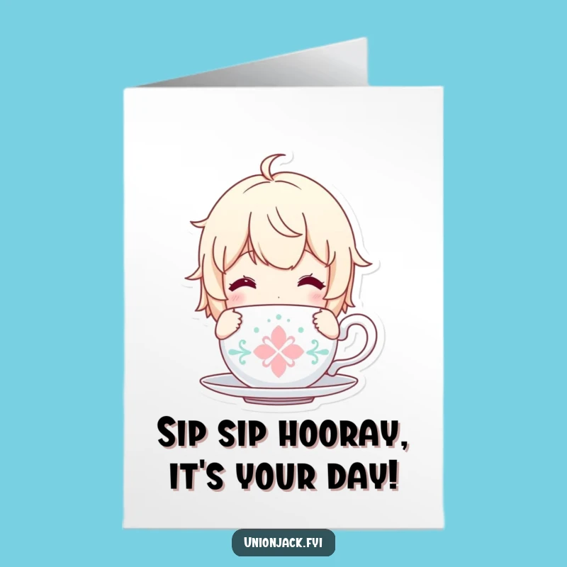 Free Printable Birthday Card: Cozy Tea Character, Relaxing Downloadable Gift for Sweet Celebrations