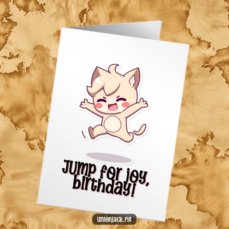 Funny Free Printable Birthday Card featuring a character mid-air, performing a playful jump with clear determination.