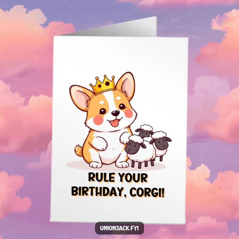 Funny Free Printable Birthday Card: Playful Corgi in Crown Comically Herding Sheep