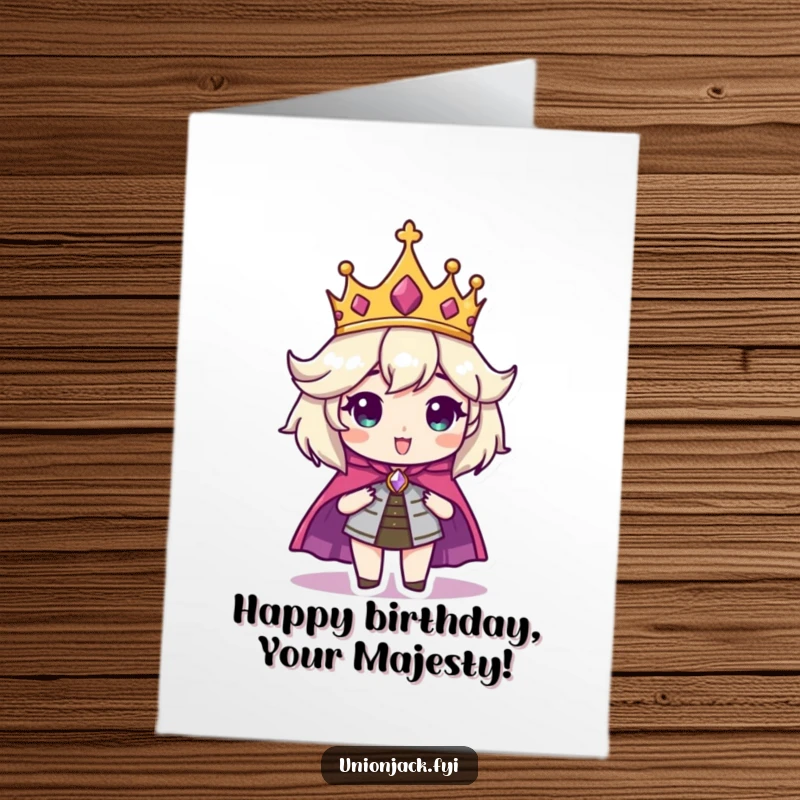 Funny Free Printable Birthday Card: Character wearing a crown and cape, striking a regal pose with a slightly smug look.