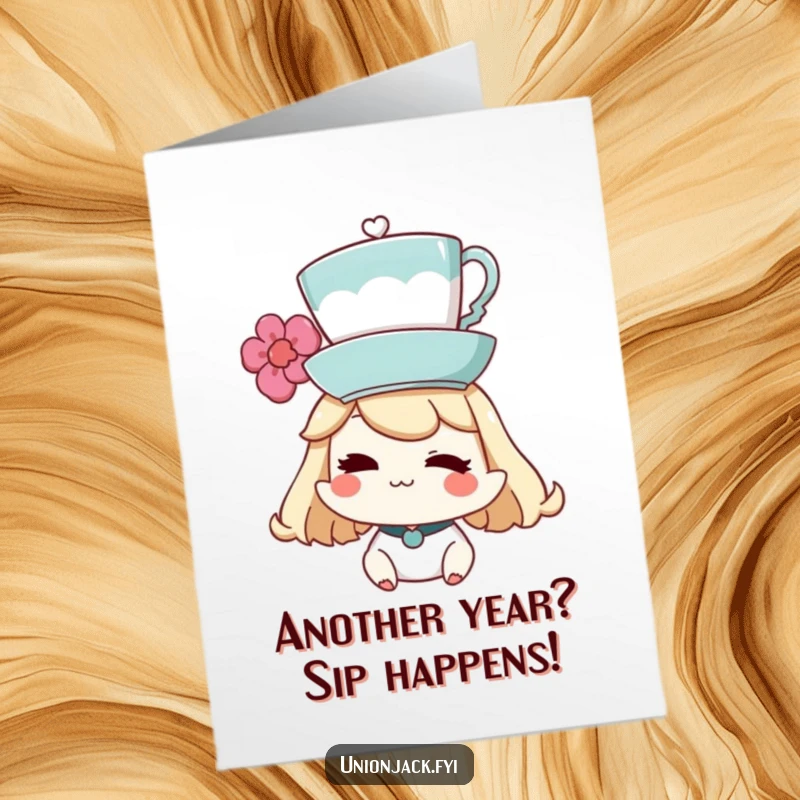 Funny Free Printable Birthday Card featuring a character winking while expertly balancing a teacup on their head.