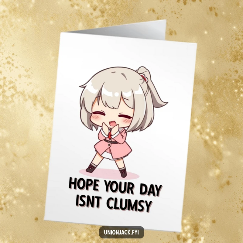 Free Printable Birthday Card: Character comically trips while attempting a posh curtsey, a wonderfully awkward and humorous greeting.