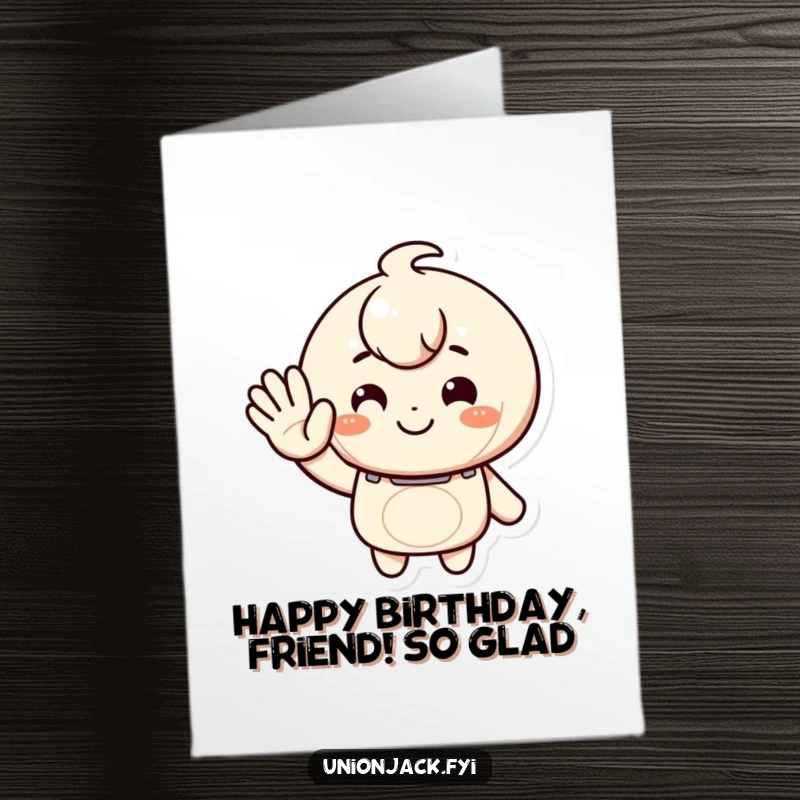 Funny Free Printable Birthday Card: Character giving a warm, inviting wave with a big smile, wishing a happy birthday with friendly cheer.