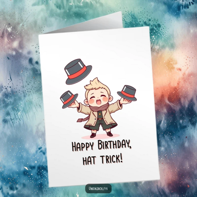 Funny free printable birthday card showing a character delightfully juggling three small bowler hats, adding playful birthday cheer.