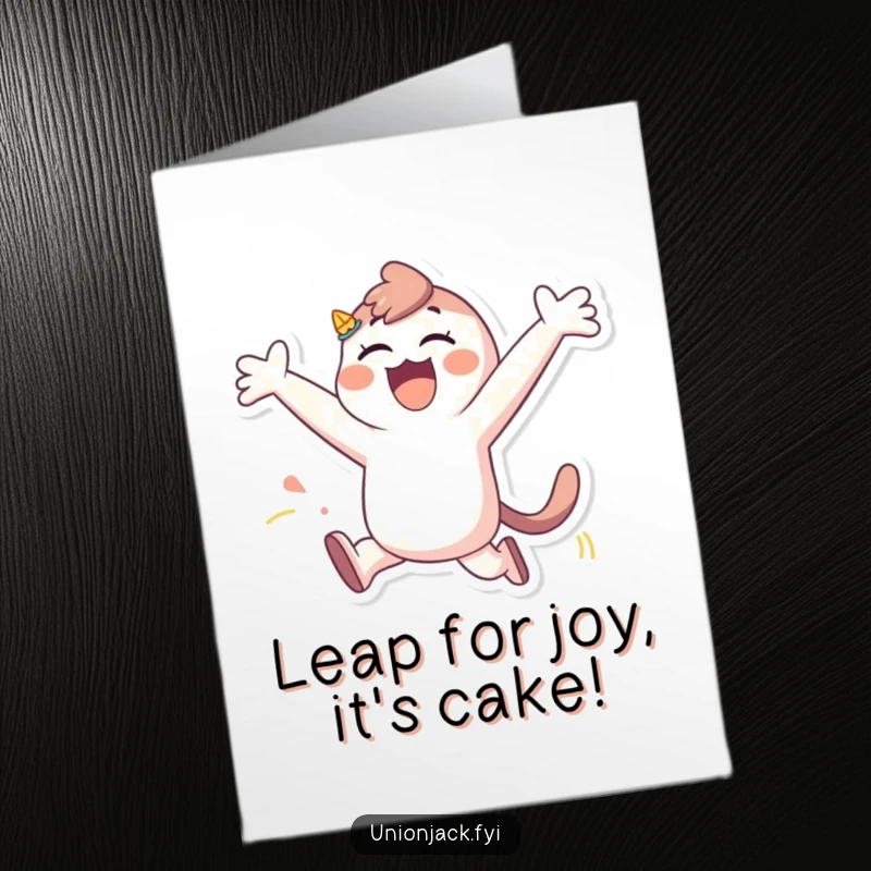 Funny free printable birthday card of a cartoon character joyfully leaping with arms wide open in celebration.