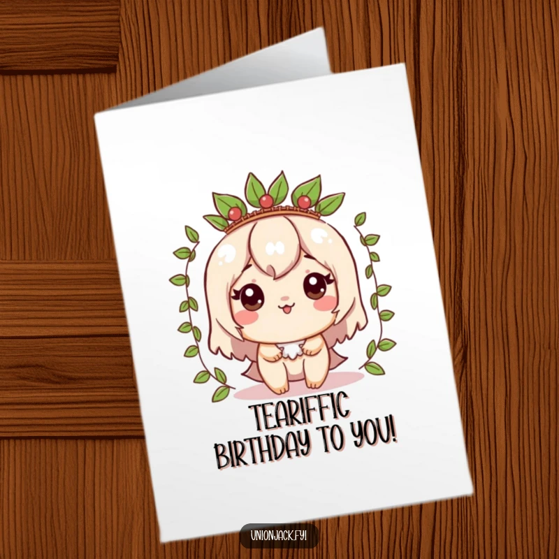 Funny Free Printable Birthday Card: Character comically wearing a crown made of tea leaves, a quirky and regal DIY greeting for a special day.