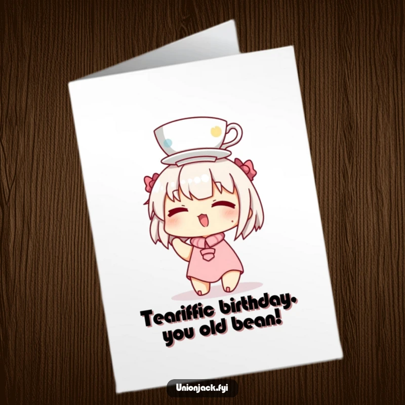 Funny Free Printable Birthday Card featuring a charming character winking with a teacup perfectly balanced on their head.