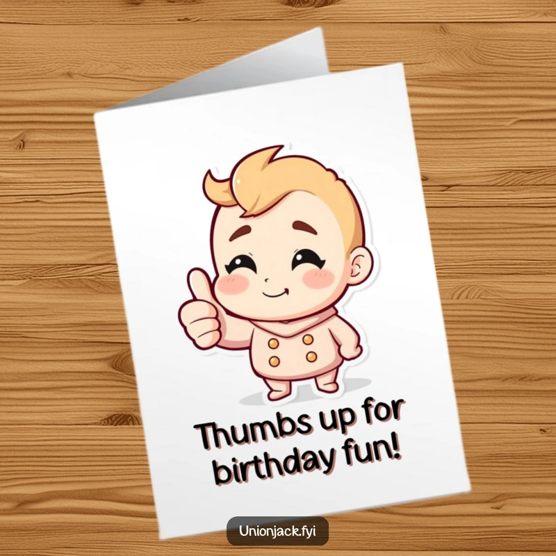 Funny Free Printable Birthday Card: Character giving a big thumbs up with a mischievous, cheeky grin and sparkling eyes.
