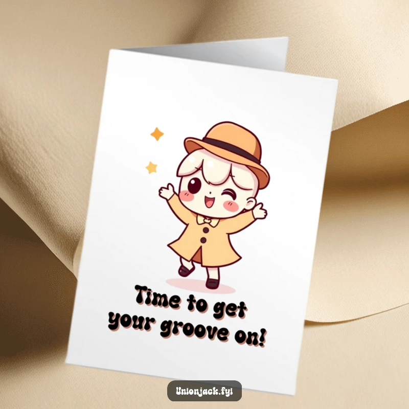 Funny Free Printable Birthday Card featuring a character in a bowler hat doing a joyful silly dance. DIY downloadable greeting.