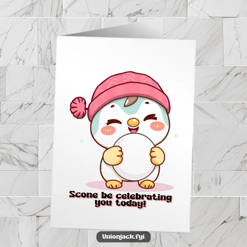 Funny Free Printable Birthday Card: Delighted character with a mischievous grin winks while holding a delicious scone, ready to celebrate.