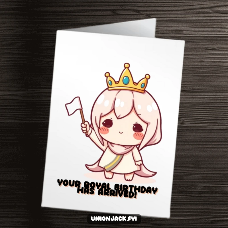 Funny Free Printable Birthday Card: Character in a tiny crown waves a small flag. Royal, humorous downloadable greeting.