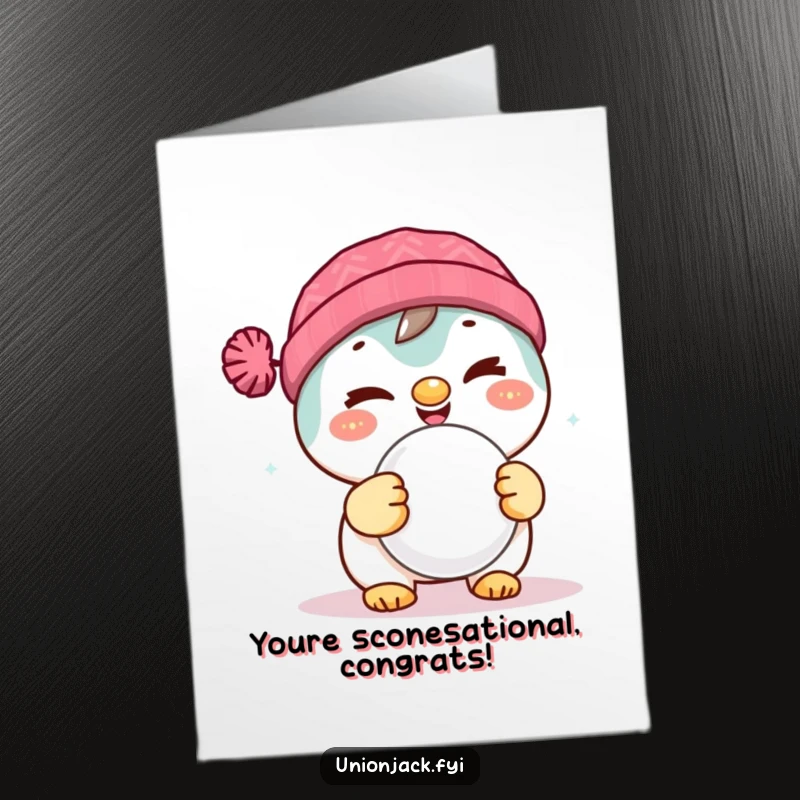 Funny Free Printable Congratulations Card: A delighted character mischievously winks while holding a scone, celebrating a sweet victory.