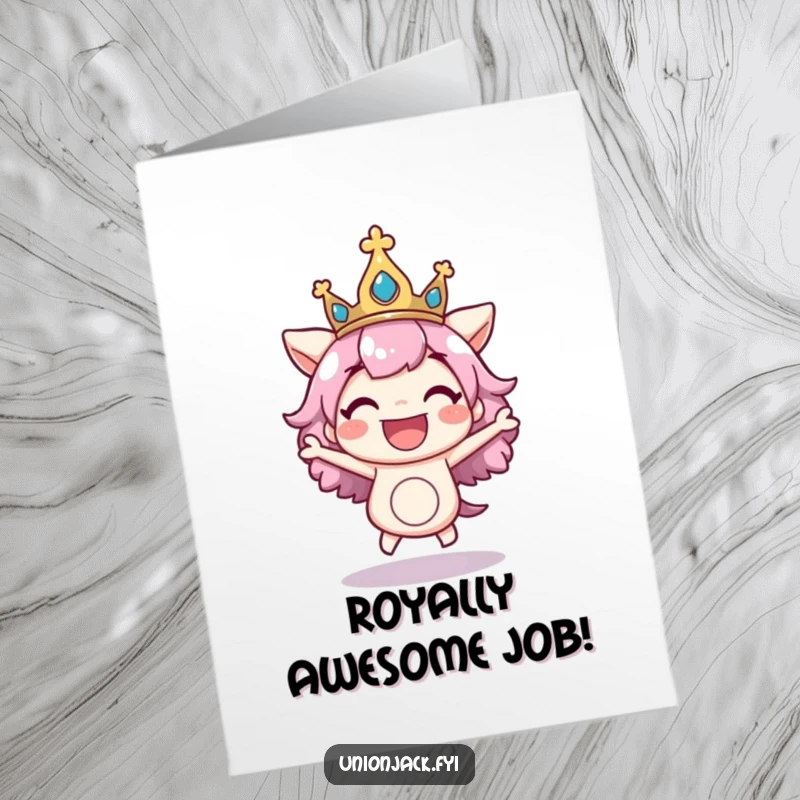 Free Printable Congratulations Card: Character excitedly bounces with a regal crown askew, celebrating success with unrestrained joy.