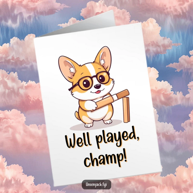 Funny free printable congratulations card: A sophisticated corgi wearing a monocle plays cricket, celebrating a win.