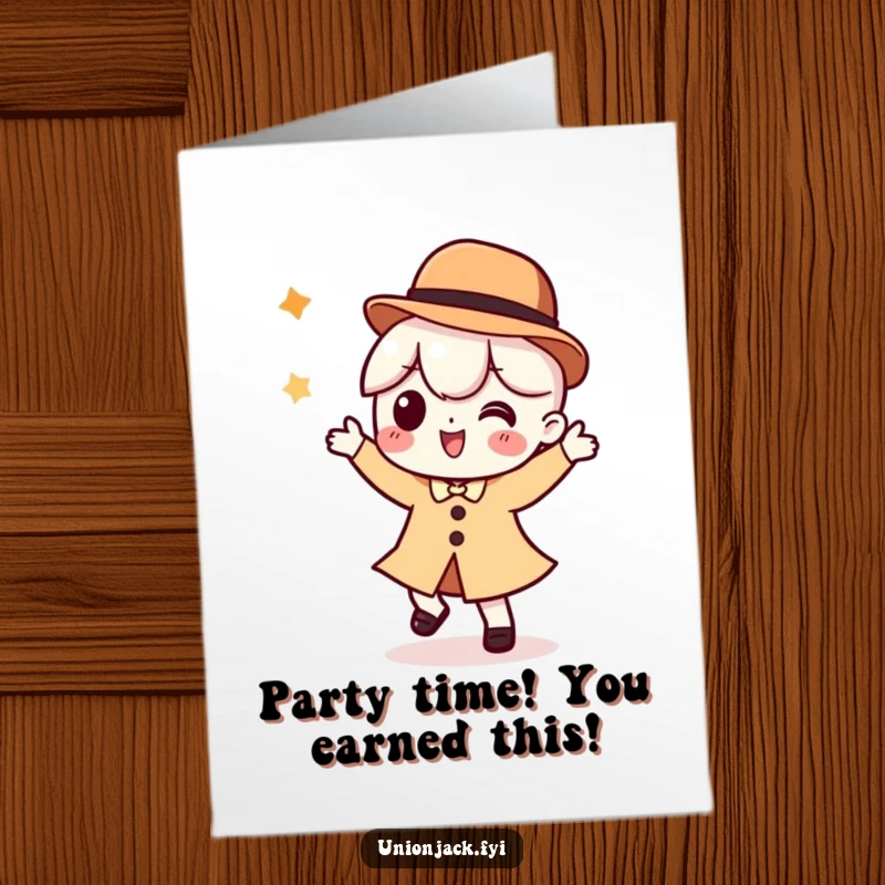 Funny Free Printable Congratulations Card showing a character in a bowler hat performing a silly, celebratory dance. DIY downloadable art.