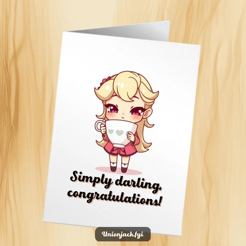 Funny Free Printable Congratulations Card: Character striking an exaggeratedly sophisticated pose while holding a teacup, offering classy congratulations.