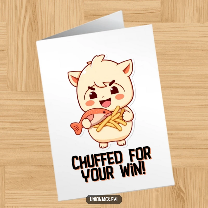 Funny Free Printable Congratulations Card showcasing a character beaming mischievously while clutching classic fish and chips.