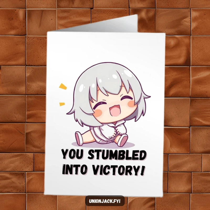 Funny Free Printable Congratulations Card: Character comically tripping but recovering with a grin, celebrating resilience, an inspiring downloadable.