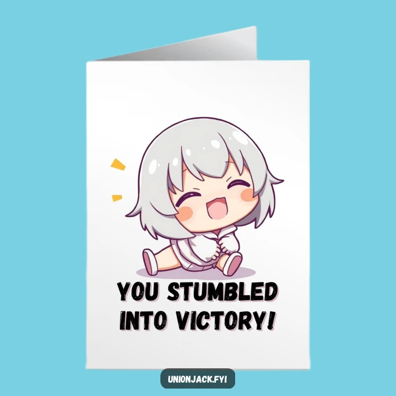 Free Printable Congrats Card: Grinning Tripper Character, Resilient Downloadable Gift for Overcoming Challenges