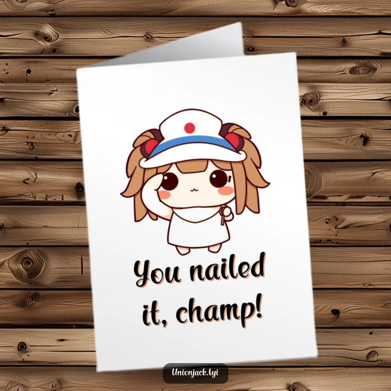 Funny Free Printable Congratulations Card: A cute character proudly salutes with a tiny flag, celebrating your win humorously.