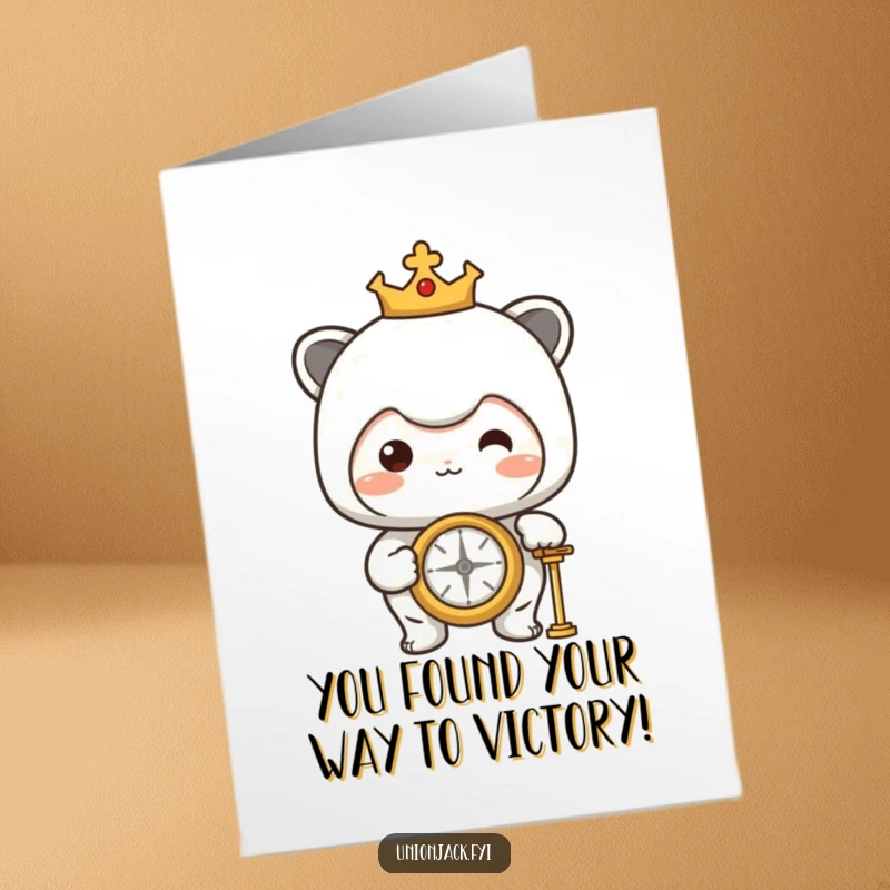 Funny Free Printable Congrats Card: Character beaming with pride while looking at a compass, signifying success.