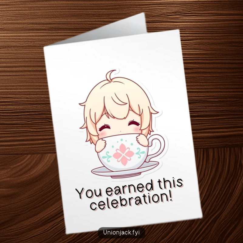 Funny Free Printable Congratulations Card: Character with a tea cup, looking content, celebrating success peacefully, a downloadable calm.