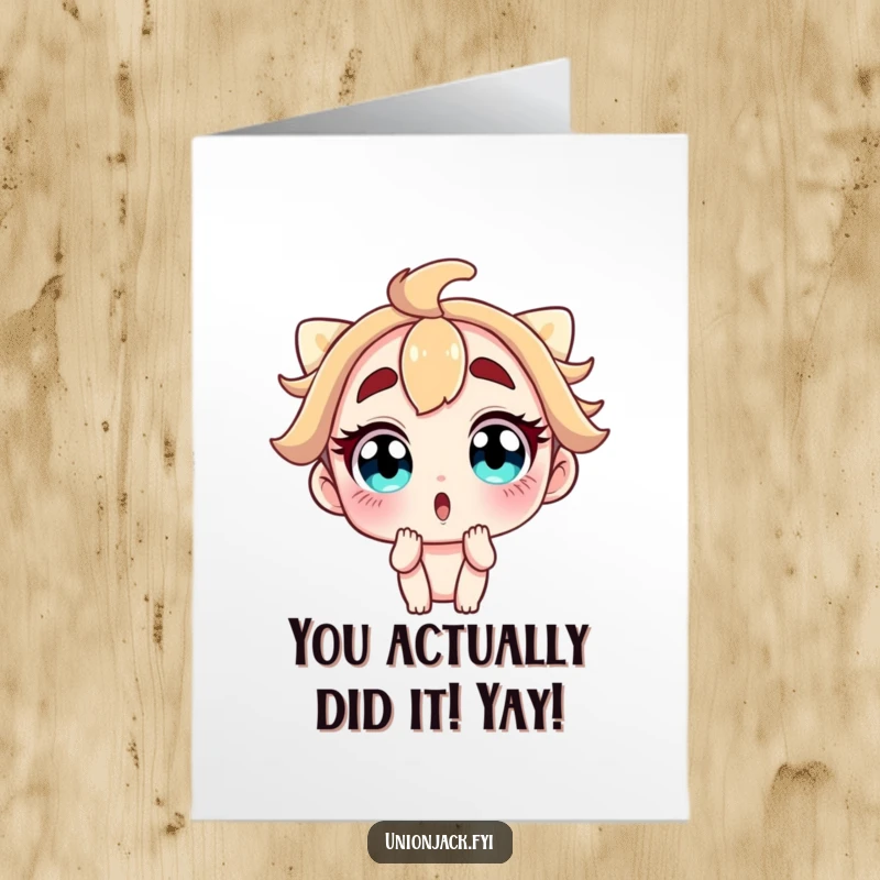 Funny Free Printable Congratulations Card showing a character with eyes wide and eyebrows high in happy shock. DIY congrats art.