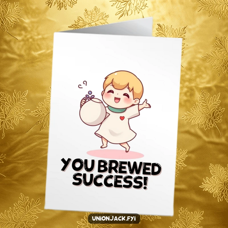 Funny Free Printable Congratulations Card: Small character joyfully doing a jig with a teapot, celebrating a win.