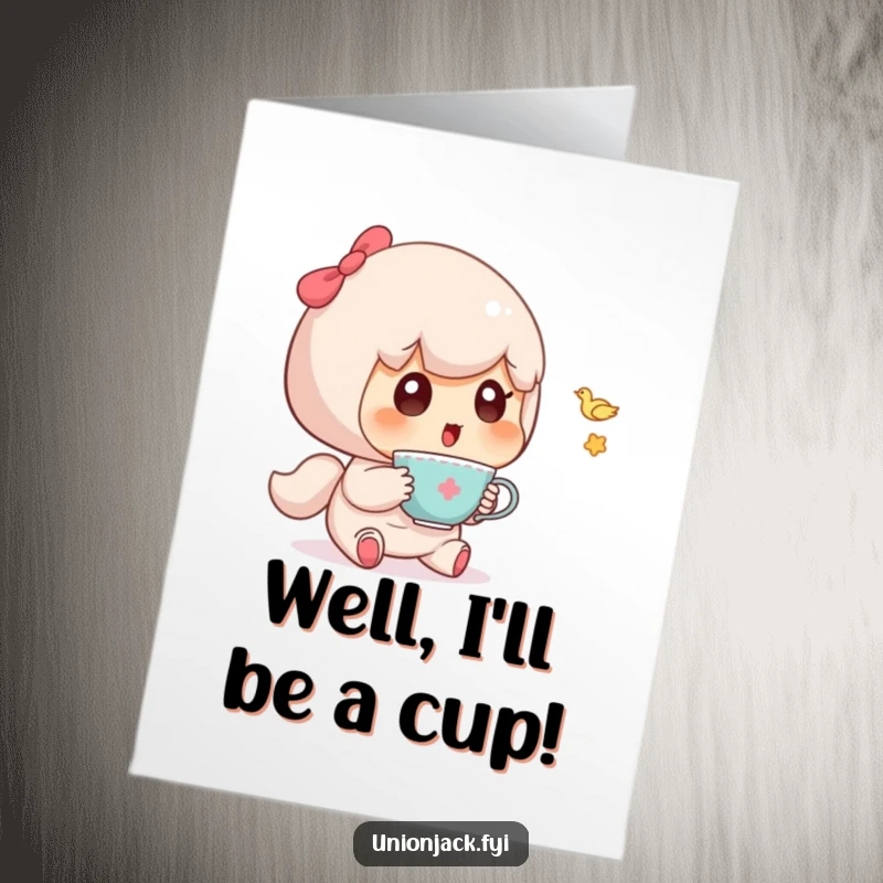 Funny Free Printable Congratulations Card showing a cute character surprised by a small teacup flying magically towards them.