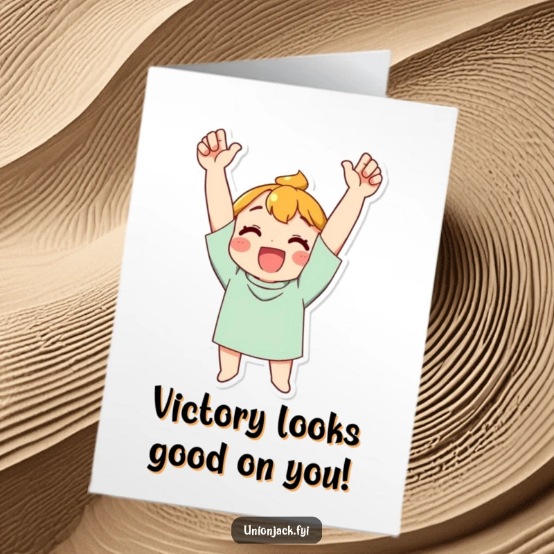 Funny Free Printable Congratulations Card featuring a character throwing their arms up in a joyful, triumphant cheer.