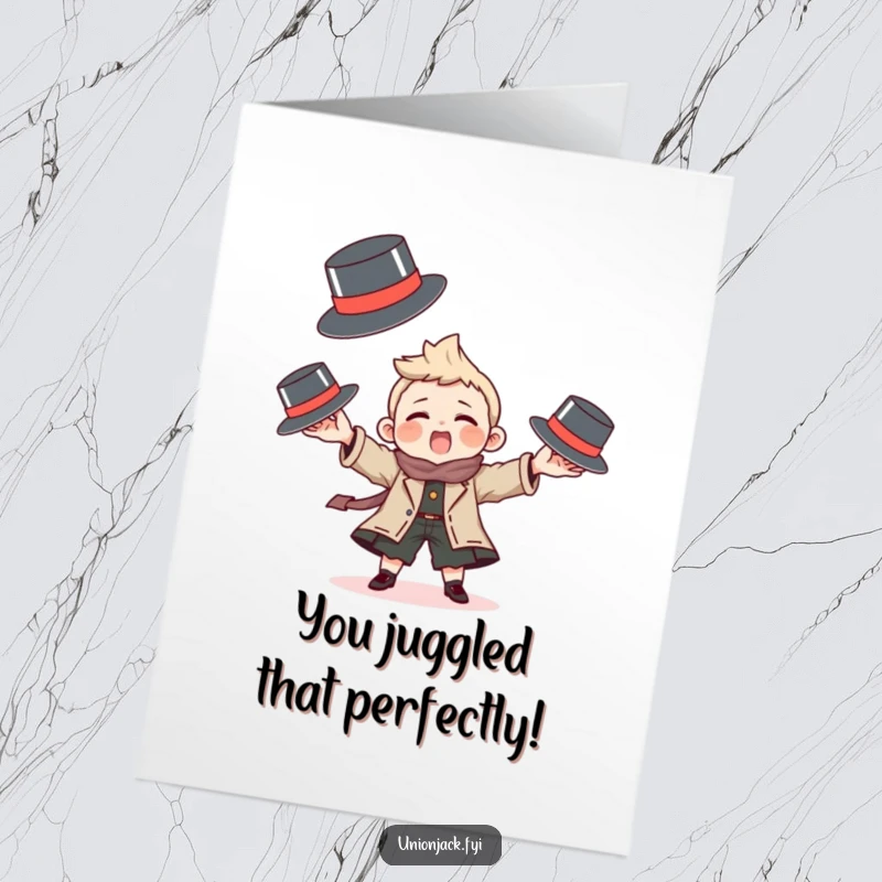 Free printable congratulations card featuring a character playfully juggling bowler hats, celebrating a successful accomplishment.