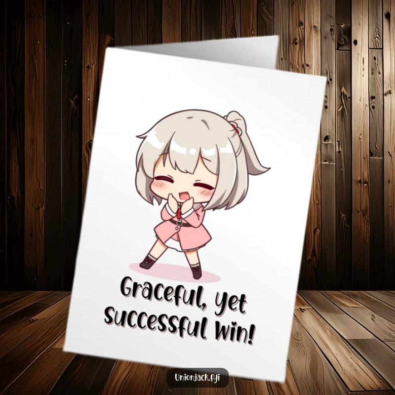 Free Printable Congratulations Card: Character comically trips while attempting a posh curtsey, a humorous take on celebration.