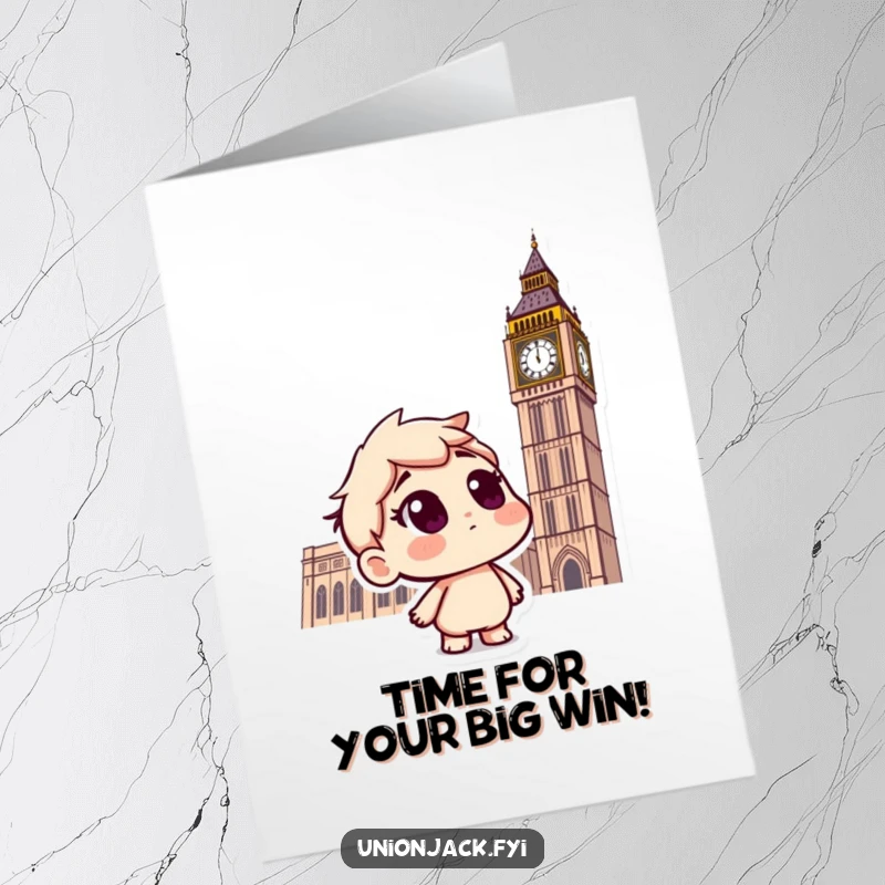 Funny Free Printable Congratulations Card: Curious character looks up at Big Ben, finding wonder in a significant achievement.