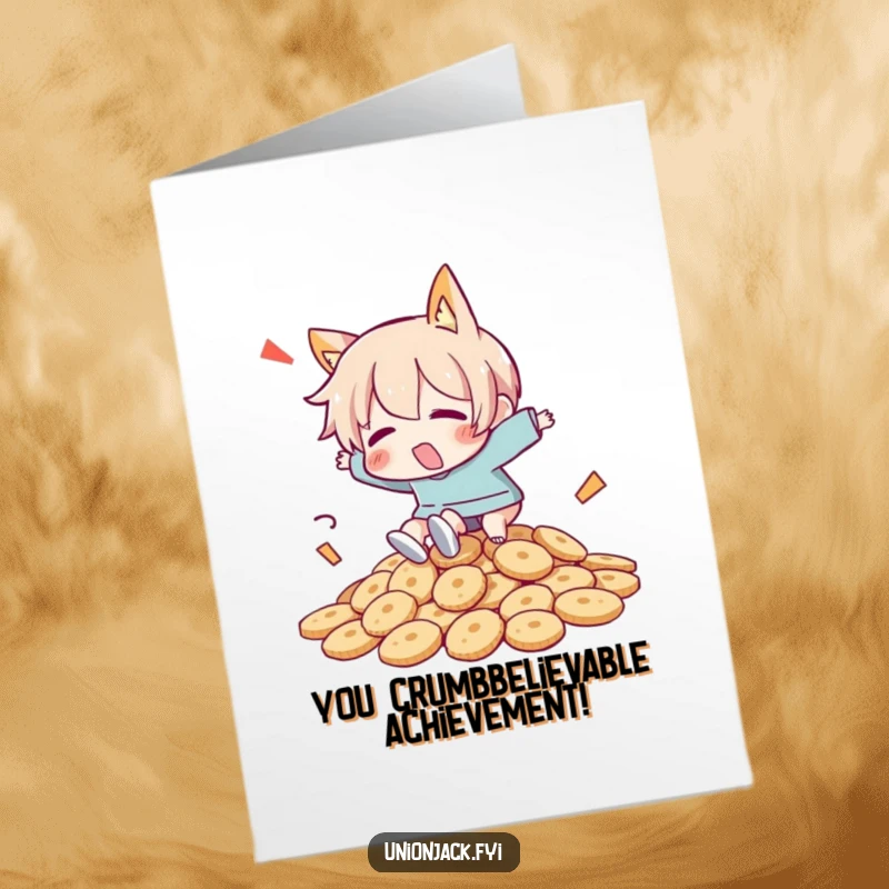 Funny Free Printable Congratulations Card showing a character tumbling comically over a mountain of biscuits, perfect for any celebration.