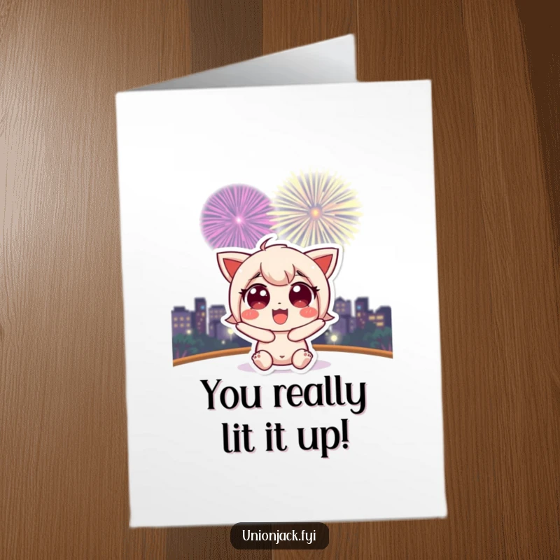 Funny Free Printable Congratulations Card: Cute character looking up with wide, excited eyes at a stunning fireworks show.